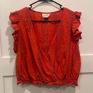 XL Universal Thread Red elastic banded bottom flutter sleeve Striped Blouse